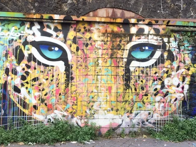 Mural of a close up of a big cat’s face with aqua colored eyes