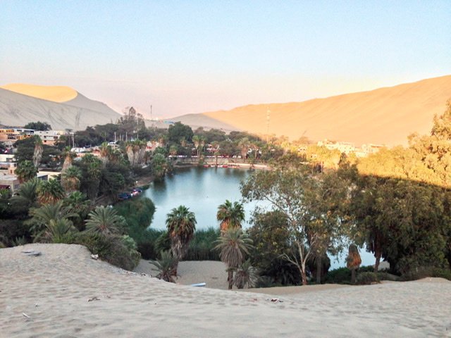 A small lake surrounded by palm trees and sand dunes