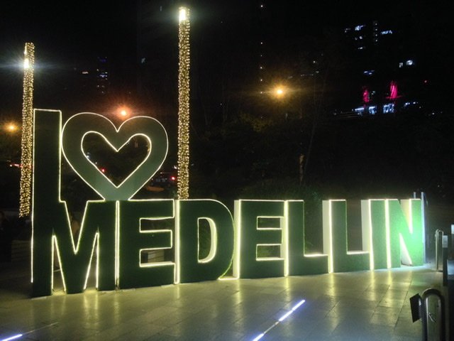 I heart Medellin sign at night