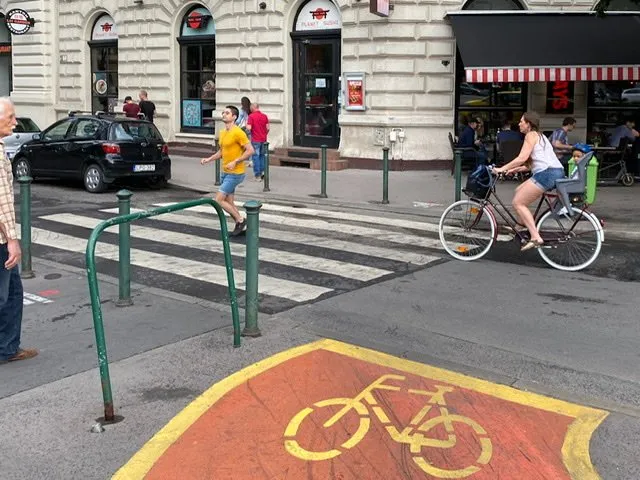 Bikelane, road, and crosswalk on Andrassy Ave. in Budapest