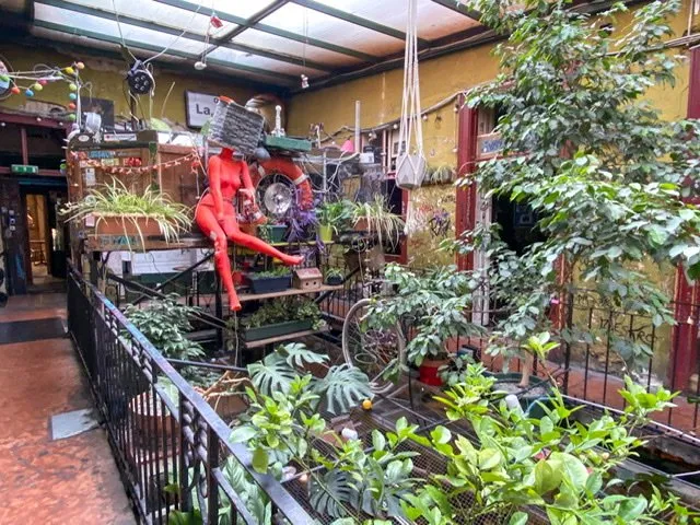 Interior view of Szimpla Kert with plants and mannequin