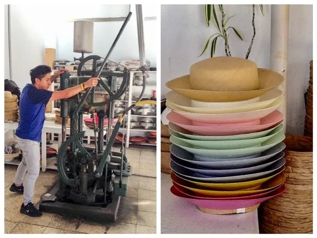 A man working a machine in a hat factory and the finished product