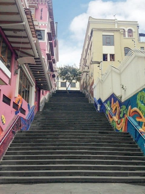 Looking up a steep stairway