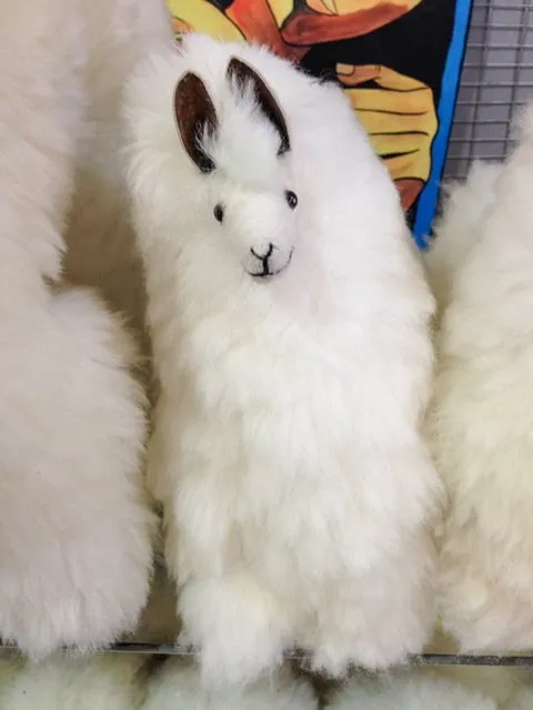 A stuffed llama on a shelf