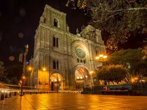 Nighttime exterior view of the New Cathedral