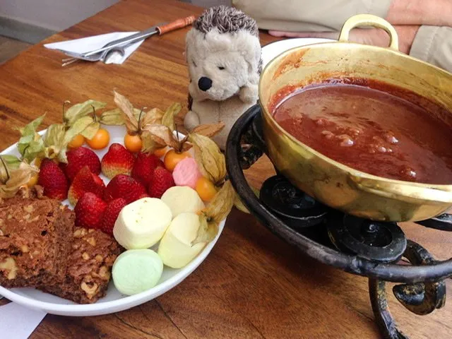 Chocolate fondue with items to dip