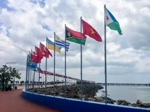 Flags of many nations along Panama Bay