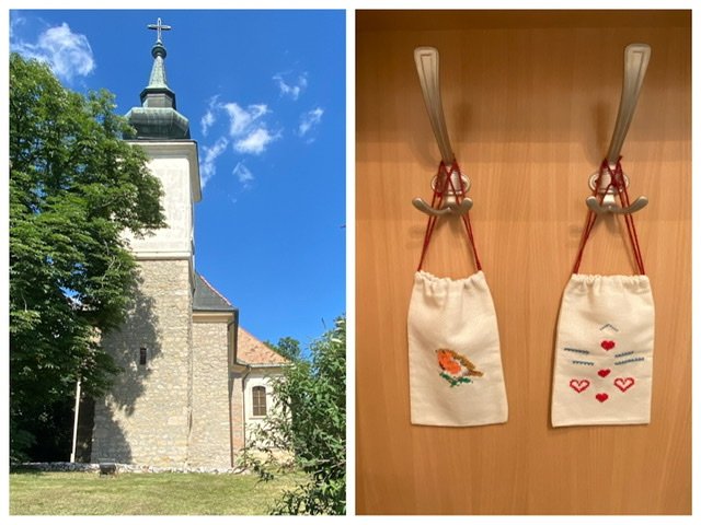 A church and two embroidered pouches