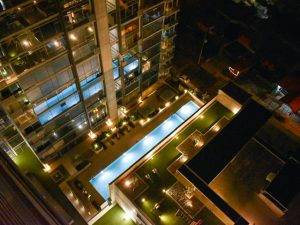 View of a pool from a 19th-floor balcony