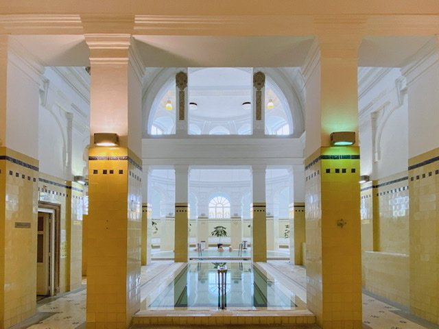 Two inside pools at the Szechenyi Baths in Budapest