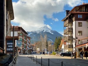 Street and mountain in Bansko, Bulgaria