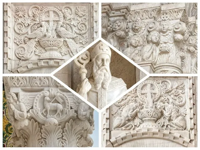 Collage of decorations on the Votive Church in Szeged, Hungary