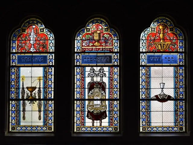 Three stained glass windows in the New Synagogue in Szeged, Hungary