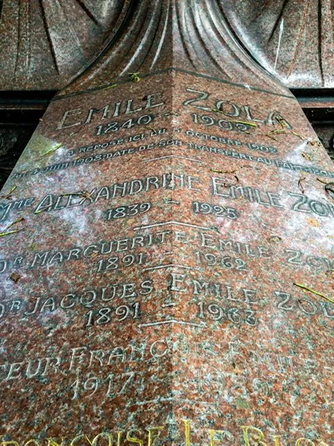 Family names on the original gravesite of Emile Zola