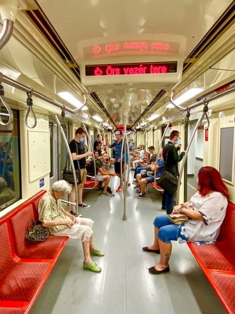 Inside of a metro car in Budapest