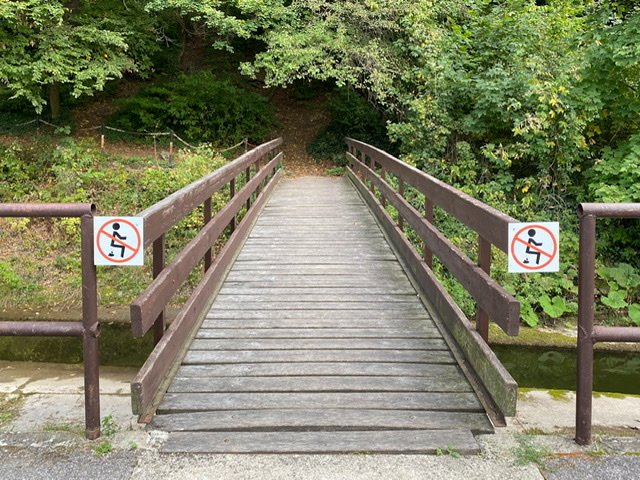 Bridge with two “no pooping” signs