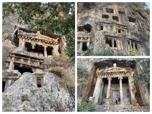 Three photos of rock tombs in Fethiye, Turkey
