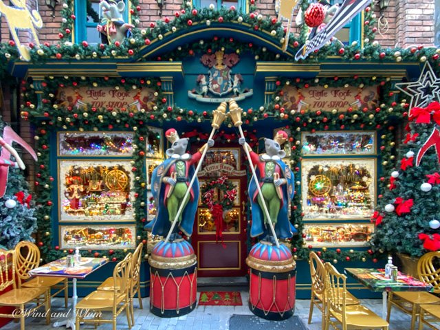 Toy store exterior decorated for Christmas