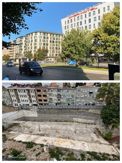 Two photos; one of clean modern buildings and one of the run-down buildings and an empty lot