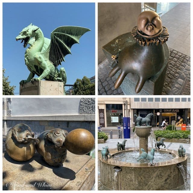 Four photos of statues in Ljubljana