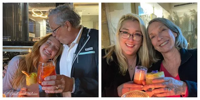 Two photos of people enjoying cocktails