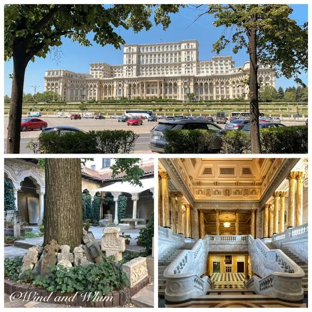 The Palace of Parliament, the Stavropoleos Monastery, and the grand staircase at the National Museum of Art