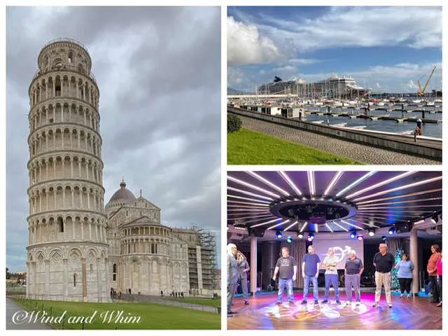 3 photos from a Transatlantic cruise: the Leaning Tower of Pisa, the Norwegian Gem, contestants in a shipboard game