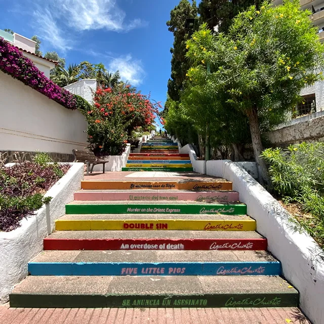Stairs with book titles painted on them