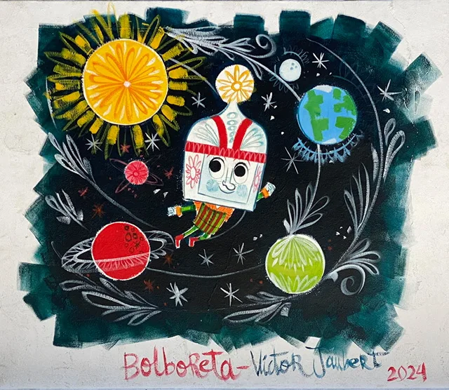 a painting of a spaceman and planets