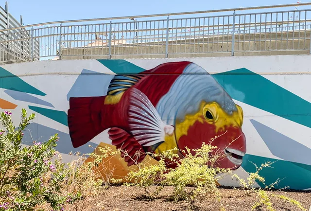 A mural of a colorful fish