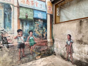 A mural of children playing jump rope