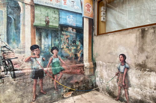 A mural of children playing jump rope