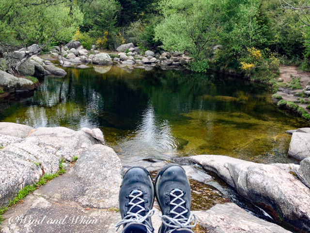 A pair of feet in boots by a pond