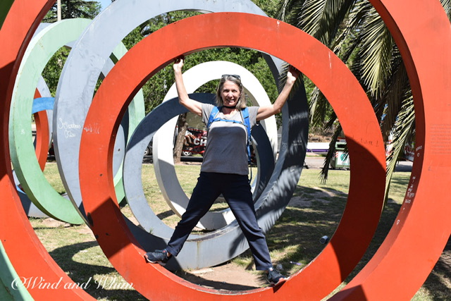 A woman inside a large red ring