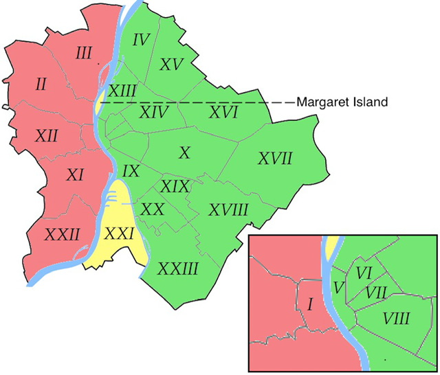 A map of Budapest’s districts with Margaret Island highlighted