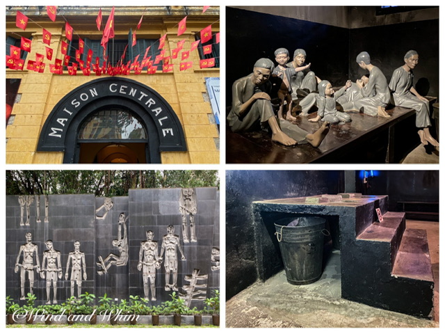 Four photos of Hoa Lo Prison Relic: the entrance, sculptures of inmates, the toilet, and a memorial wall