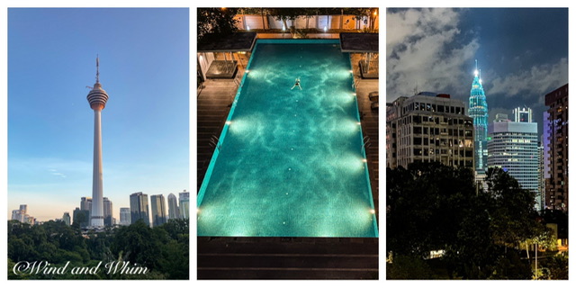 Three photos: The KL Tower, a swimming pool at night, night view of one of the Petronas Twin Towers