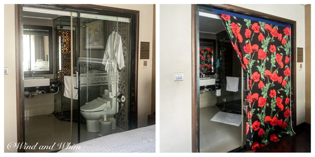 Two photos of a bathroom with a glass wall unadorned and covered with cloth