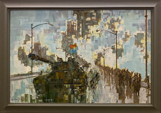 A painting of tanks and people progressing down a street