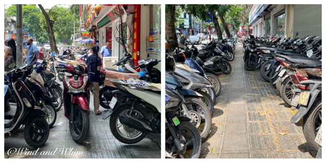 Two photos of motorcycles on sidewalks in Hanoi