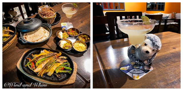 A photo of fajitas and one of a toy hedgehog with a margarita