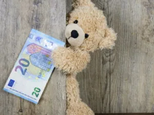 A teddy bear with a 20 euro bill