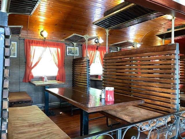 Dining tables in a train car