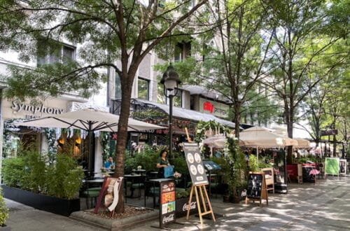 A street lined with restaurants and trees