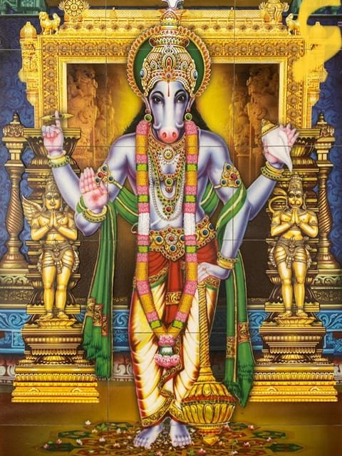 A four-armed, animal-faced Hindu deity