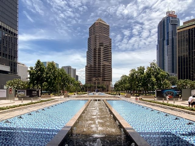 Water features and a skyscraper