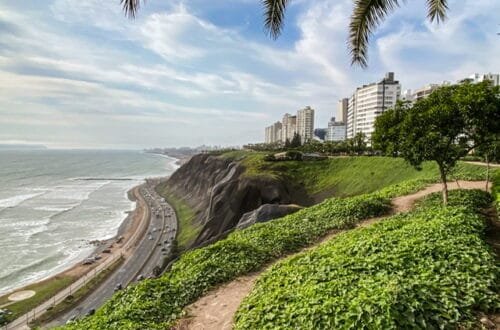 The ocean, cliffs, and high rises of Lima’s shore