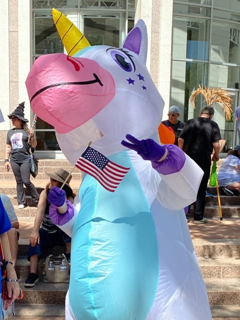 A person in a unicorn costume