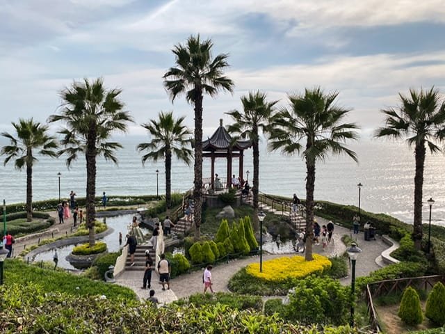 Palm trees and a gazebo by the ocean