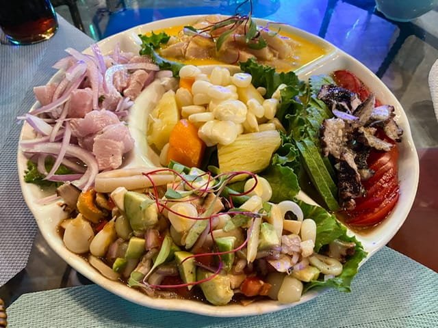 Five Peruvian dishes on a platter